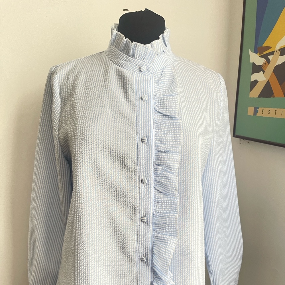 Blue Striped Ruffle Button-Up Blouse Seersucker